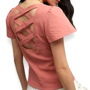 By Anthropologie S Coral Lace-Up Back Top Flutter Sleeve Cottagecore Fall Femini